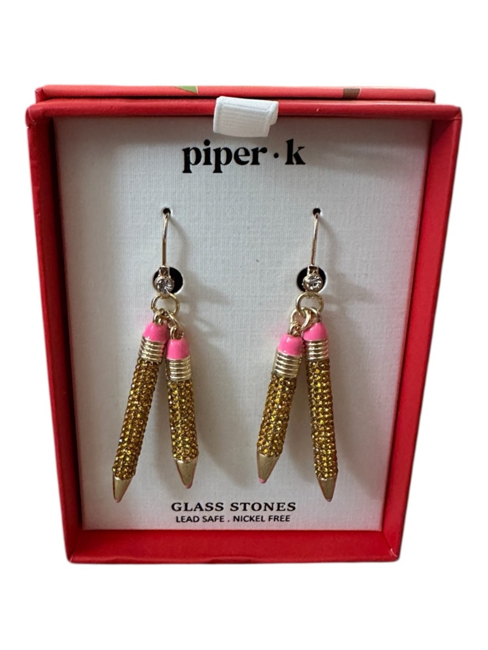 Piper K Pencil Earrings With Glass Stone & Pink Erasers Dangle New In Box